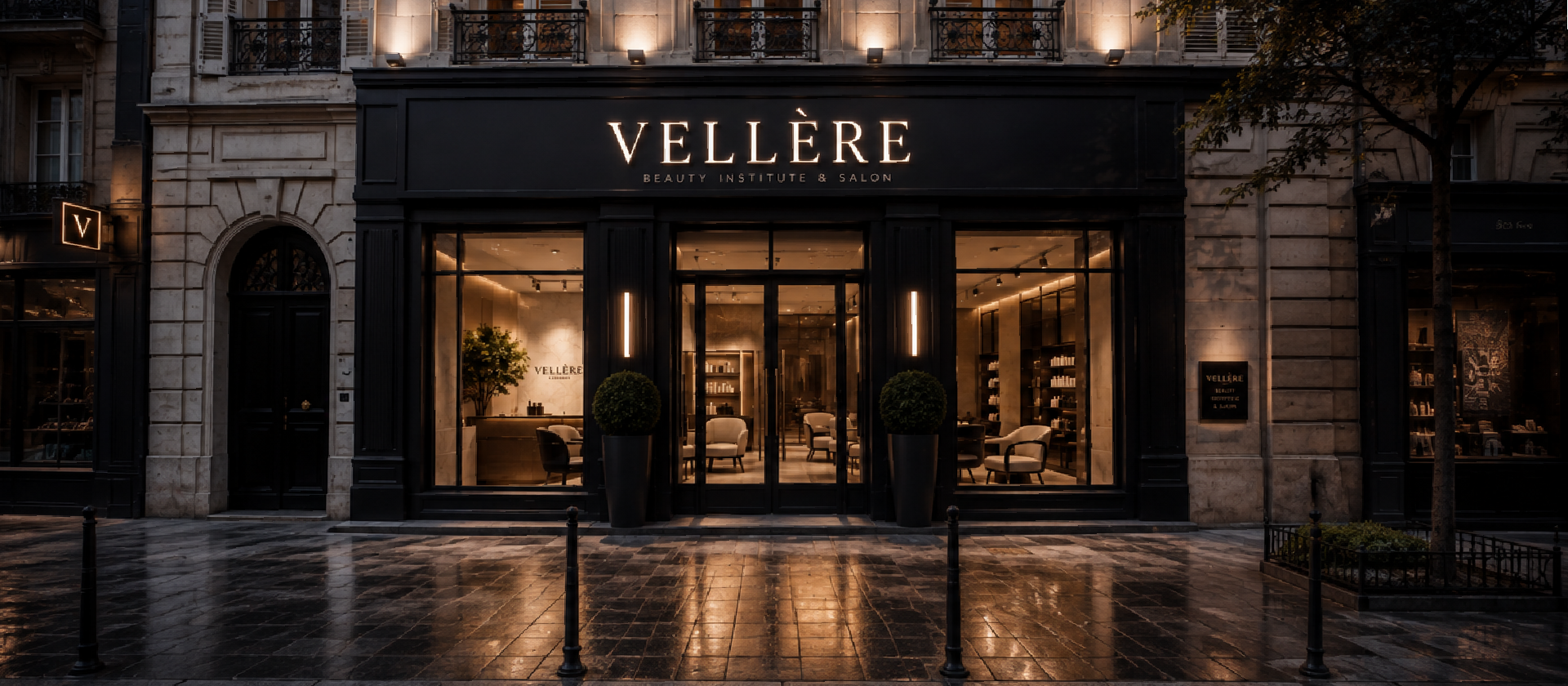 VELLÈRE Beauty Institute & Salon luxury storefront at night