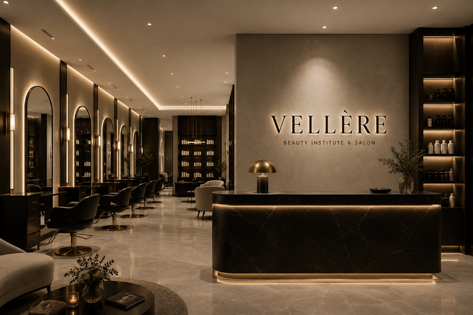 VELLÈRE luxury salon interior with marble reception and arched mirrors